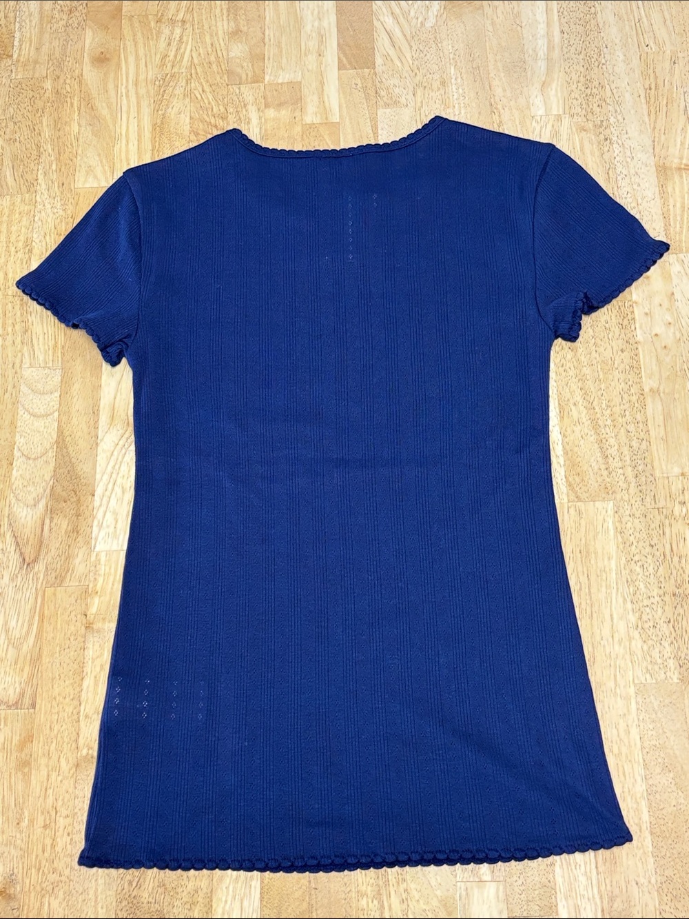 NWT  J.Crew Navy Blue Pointelle Ribbed Shrunken Tee- Scallop Lettuce Edge Trim - Picture 8 of 8